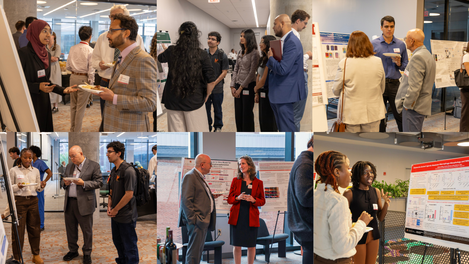 Collage of symposium attendees networking, discussing research posters with graduate students and engaging in research presentations.