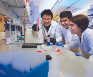 Three bioengineering students watch an experiment together in the lab